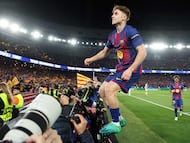 Barcelona's Spanish midfielder #16 Fermin Lopez celebrates scoring his team's fourth goal during the UEFA Champions League last 16 second leg football match between FC Barcelona and Newcastle United at the Camp Nou stadium in Barcelona, on March 18, 2026. (Photo by Lluis GENE / AFP)