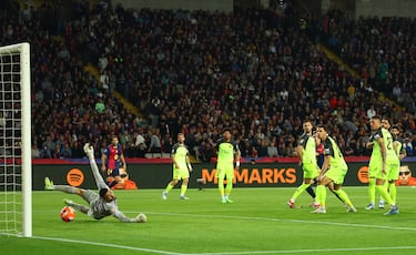 1-0. Dani Olmo recibe dentro del área balear, controla, se gira y dispara con la pierna izquierda, ajustado al palo largo de Leo Román para anotar el primer tanto azulgrana.