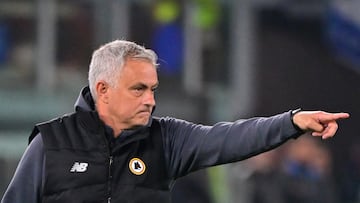 AS Roma coach Jose Mourinho during the Conference League semi-final victory over Leicester City.