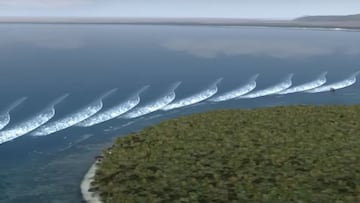 Recreación 3D de las olas de Grajagan Bay (G-Land), Bali, Indonesia, rompiendo sin parar en su arrecife rodeado de jungla.