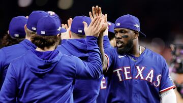 HOUSTON, TEXAS - OCTOBER 15: Adolis Garcia #53 of the Texas Rangers celebrates with teammates after defeating the against the Houston Astros in Game One of the American League Championship Series at Minute Maid Park on October 15, 2023 in Houston, Texas.   Carmen Mandato/Getty Images/AFP (Photo by Carmen Mandato / GETTY IMAGES NORTH AMERICA / Getty Images via AFP)