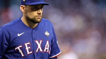 PHOENIX, ARIZONA - NOVEMBER 01: Nathan Eovaldi #17 of the Texas Rangers walks across the field after the first inning against the Arizona Diamondbacks during Game Five of the World Series at Chase Field on November 01, 2023 in Phoenix, Arizona.   Christian Petersen/Getty Images/AFP (Photo by Christian Petersen / GETTY IMAGES NORTH AMERICA / Getty Images via AFP)