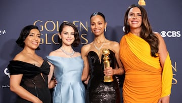 Adriana Paz, Selena Gomez, Karla Sofia Gascon, and Zoe Saldana, winners of the Best Motion Picture - Musical or Comedy award for "Emilia Perez," pose at the 82nd Golden Globe Awards in Beverly Hills, California, U.S., January 5, 2025. REUTERS/Mario Anzuoni TPX IMAGES OF THE DAY