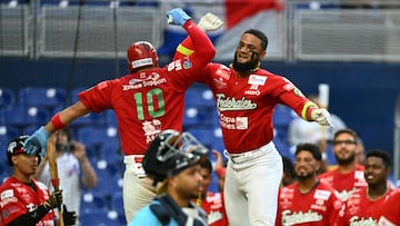 Panama's infielder #10 Ivan Aaron Herrera celebrates after hitting a home run during the Caribbean Series third place baseball game between the Curacao and Panama at LoanDepot Park in Miami, Florida, on February 9, 2024. (Photo by Chandan Khanna / AFP)