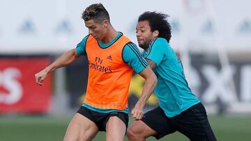 Cristiano y Marcelo, en el entrenamiento del Real Madrid.