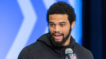 INDIANAPOLIS, INDIANA - MARCH 01: Caleb Williams #QB14 of the Southern California Trojans speaks to the media during the 2024 NFL Draft Combine at Lucas Oil Stadium on March 01, 2024 in Indianapolis, Indiana.   Michael Hickey/Getty Images/AFP (Photo by Michael Hickey / GETTY IMAGES NORTH AMERICA / Getty Images via AFP)