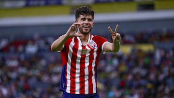 Francisco Mendez celebrates his goal 1-0 of Tapatio during the first leg final match between CD Tapatio and Leones Negros de la UDG as part of the Campeon de Campeones Liga BBVA Expansion MX, at Jalisco Stadium on May 31, 2025 in Guadalajara, Jalisco, Mexico.