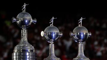 View of the three previous Copa Libertadores trophies obtained by River Plate in 1986, 1996 and 2015 at the Monumental stadium in Buenos Aires on December 23, 2018, during celebrations for their fourth Libertadores Cup victory, after beating arch rival Bo