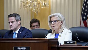 Representative Liz Cheney, a Republican from Wyoming, speaks as Representative Adam Kinzinger, a Republican from Illinois, left, listens during a hearing of the Select Committee to Investigate the January 6th Attack on the US Capitol in Washington, D.C., US, on Thursday, July 21, 2022. Former President Donald Trump's 187 minutes of inaction as an armed mob attacked the US Capitol will be the focus of the second prime-time hearing by the House committee investigating the Jan. 6, 2021 insurrection. Photographer: Al Drago/Bloomberg via Getty Images