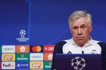 Carlo Ancelotti, entrenador del Real Madrid, en la sala de prensa del Allianz Arena durante la rueda de prensa.