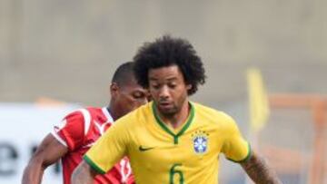 El lateral izquierdo Marcelo durante el amistoso que Brasil gan&oacute; 4-0 a Panam&aacute;.