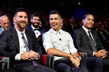 Cristiano Ronaldo, Lionel Messi and Virgil van Dijk during the UEFA Champions League Draw