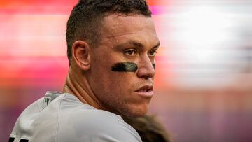 Aug 15, 2023; Cumberland, Georgia, USA; New York Yankees right fielder Aaron Judge (99) shown in the dugout during the game against the Atlanta Braves during the second inning at Truist Park. Mandatory Credit: Dale Zanine-USA TODAY Sports