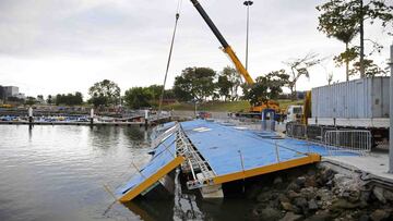 Las fuertes lluvias que descargaron sobre Río provocaron serios daños en la rampa por la que deben acceder los barcos al agua en el puerto deportivo.