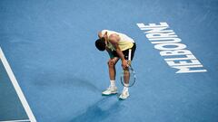 Spain's Carlos Alcaraz reacts after a point against Germany's Alexander Zverev during their men's singles quarter-final match on day 11 of the Australian Open tennis tournament in Melbourne on January 24, 2024. (Photo by WILLIAM WEST / AFP) / -- IMAGE RESTRICTED TO EDITORIAL USE - STRICTLY NO COMMERCIAL USE --