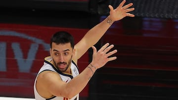 ATLANTA, GEORGIA - FEBRUARY 21: Facundo Campazzo #7 of the Denver Nuggets reacts after being charged with a foul against the Atlanta Hawks during the second half at State Farm Arena on February 21, 2021 in Atlanta, Georgia. NOTE TO USER: User expressly acknowledges and agrees that, by downloading and or using this photograph, User is consenting to the terms and conditions of the Getty Images License Agreement.   Kevin C. Cox/Getty Images/AFP
 == FOR NEWSPAPERS, INTERNET, TELCOS &amp; TELEVISION USE ONLY ==