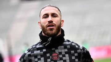 Paris Saint-Germain's Spanish defender Sergio Ramos runs during the warm-up session before the French L1 football match between AS Saint-Etienne and Paris Saint Fermain (PSG), at the Geoffroy-Guichard stadium in Saint-Etienne, central France, on Nove
