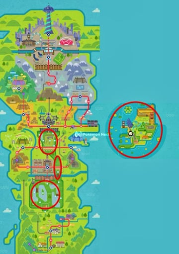 Comparativa de las zonas de Área Silvestre de Galar (izquierda, rodeadas en rojo) y La Isla de la Armadura (derecha) | Pokémon NEXT