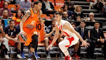 GRAF2333. VALENCIA, 15/12/2017.- El escolta estadounidense del Valencia Basket, Erick Green, conduce el balón ante el escolta serbio del Estrella Roja de Belgrado, Nemanja Dangubic, durante el decimoquinto partido de la primera ronda de Euroliga jugado esta noche en el pabellón de la Fuente de San Luis de Valencia. EFE/Manuel Bruque