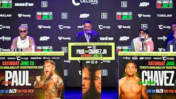 May 14, 2025; Los Angeles, California, USA; Golden Boy chief executive office Oscar De La Hoya speaks at press conference for the upcoming fight between Jake Paul and Julio Cesar Chavez Jr. at Avalon Hollywood Theater. Mandatory Credit: Gary A. Vasquez-Imagn Images