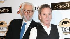 LOS ANGELES, CA - FEBRUARY 16:  Actors Donald Sutherland (L) and Kiefer Sutherland attend the screening of Momentum Pictures' 'Forsaken' at Autry Museum of the American West on February 16, 2016 in Los Angeles, California.  (Photo by Imeh Akpanudosen/Getty Images)