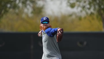 Feb 13, 2025; Glendale, AZ, USA; Los Angeles Dodgers pitcher Dustin May (85) throws during a Spring Training workout at Camelback Ranch Mandatory Credit: Joe Camporeale-Imagn Images