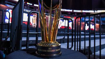 Dec 6, 2023; Las Vegas, NV, USA; The NBA In-Season Tournament trophy during practice day prior to the In-Season Tournament semi-finals at T-Mobile Arena. Mandatory Credit: Candice Ward-USA TODAY Sports