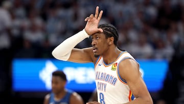 MINNEAPOLIS, MINNESOTA - MAY 26: Jalen Williams #8 of the Oklahoma City Thunder celebrates a three point basket against the Minnesota Timberwolves during the first quarter in Game Four of the Western Conference Finals of the 2025 NBA Playoffs at Target Center on May 26, 2025 in Minneapolis, Minnesota. NOTE TO USER: User expressly acknowledges and agrees that, by downloading and or using this photograph, User is consenting to the terms and conditions of the Getty Images License Agreement. David Berding/Getty Images/AFP (Photo by David Berding / GETTY IMAGES NORTH AMERICA / Getty Images via AFP)