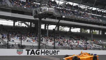 May 20, 2017; Indianapolis, IN, USA; Verizon IndyCar Series driver Fernando Alonso drives across the yard of bricks during qualifying run for the 101st Running of the Indianapolis 500 at Indianapolis Motor Speedway. Mandatory Credit: Brian Spurlock-USA TODAY Sports