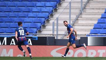 BARCELONA, SPAIN - JUNE 20: Borja Mayoral of Levante UD celebrates after scoring his team&#039;s first goal during the Liga match between RCD Espanyol and Levante UD at RCDE Stadium on June 20, 2020 in Barcelona, Spain. Football Stadiums around Europe rem