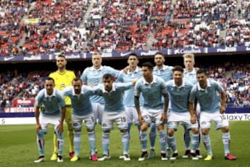 El once inicial del Celta de Vigo. De pie: Sergio Álvarez, Guidetti, Pablo Hernández, Sergi Gómez y Wass. Agachados: Orellana, Marcelo Alfonso, Jonny, Hugo Mallo, Planas y Nolito. 