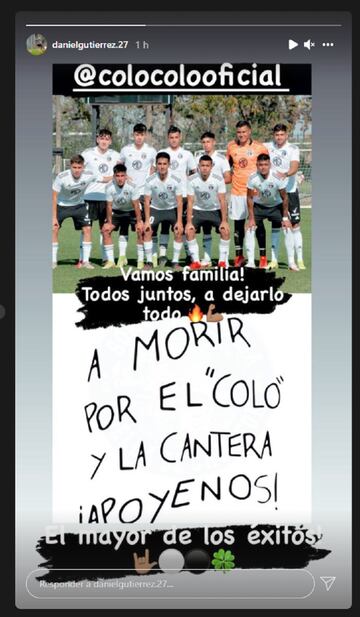 Los jugadores de Colo Colo, ausentes ante Audax Italiano por la crisis desatada por el coronavirus, le enviaron su apoyo a los juveniles que representarán al Cacique en Rancagua.