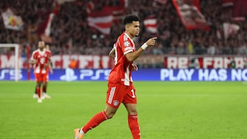 MUNICH, GERMANY - OCTOBER 22: Luis Diaz of Bayern Munich celebrates scoring his team's third goal during the UEFA Champions League 2025/26 League Phase MD3 match between FC Bayern München and Club Brugge KV at Football Arena Munich on October 22, 2025 in Munich, Germany. (Photo by Alexander Hassenstein/Getty Images)