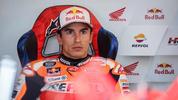 Repsol Honda Team's Spanish rider Marc Marquez sits in his box during the first free practice session for the MotoGP German motorcycle Grand Prix at the Sachsenring racing circuit in Hohenstein-Ernstthal near Chemnitz, eastern Germany, on June 16, 2023. (Photo by Ronny Hartmann / AFP)