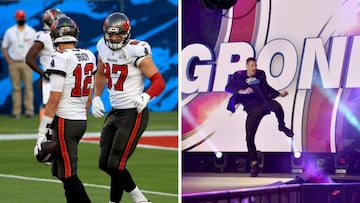 Rob Gronkowski, junto a Tom Brady en la SUper Bowl LV y durante un espect&aacute;culo de la WWE.