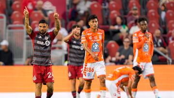 Aug 4, 2024; Toronto, Ontario, CAN; Toronto FC forward Lorenzo Insigne (24) calls for the VAR after Pachuca goal was taken back during the first half at BMO Field. Mandatory Credit: Kevin Sousa-USA TODAY Sports