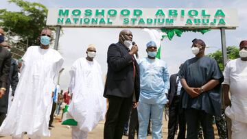 Kola Abiola, son of the late MKO Abiola remarks after the unveiling of the MKO Abiola National stadium, as the government continues to fight to contain the coronavirus disease (COVID-19) in Abuja, Nigeria June 12, 2020. REUTERS/Afolabi Sotunde