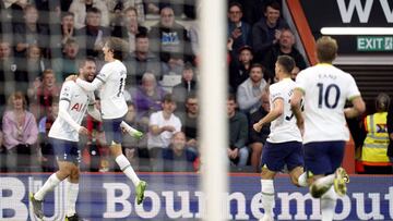 Tottenham Hotspur's Rodrigo Bentancur celebrates scoring their side's third goal of the game with team-mates during the Premier League match at the Vitality Stadium, Bournemouth. Picture date: Saturday October 29, 2022. (Photo by Andrew Matthews/PA Images via Getty Images)