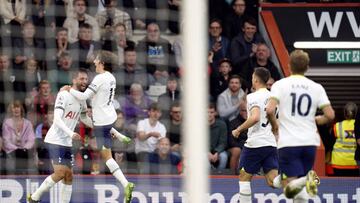 Tottenham Hotspur's Rodrigo Bentancur celebrates scoring their side's third goal of the game with team-mates during the Premier League match at the Vitality Stadium, Bournemouth. Picture date: Saturday October 29, 2022. (Photo by Andrew Matthews/PA Images via Getty Images)