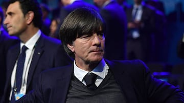 The head coach of Germany Joachim Loew (L) is pictured during the UEFA Euro 2020 football competition final draw in Bucharest on November 30, 2019. (Photo by Daniel MIHAILESCU / AFP)