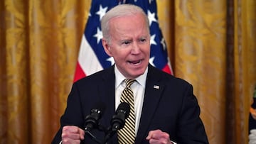 US President Joe Biden speaks during an event celebrating the reauthorization of the Violence Against Women Act, in the East Room of the White House in Washington, DC, on March 16, 2022.