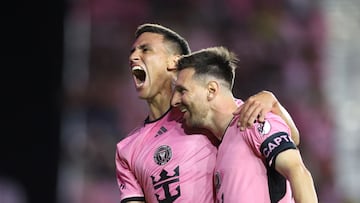 May 4, 2024; Fort Lauderdale, Florida, USA; Inter Miami CF defender Jean Mota (7) celebrates with forward Lionel Messi (10) after scoring during the second half against the New York Red Bulls at Chase Stadium. Mandatory Credit: Nathan Ray Seebeck-USA TODAY Sports