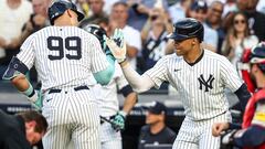 Jun 22, 2024; Bronx, New York, USA; New York Yankees center fielder Aaron Judge (99) celebrates with right fielder Juan Soto (22) after hitting a two run home run against the Atlanta Braves in the first inning at Yankee Stadium. Mandatory Credit: Wendell Cruz-USA TODAY Sports