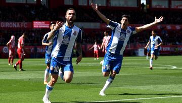 GIRONA, SPAIN - APRIL 06: Sergi Darder Moll of RCD Espanyol celebrates after scoring his team&#039;s first goal during the La Liga match between Girona FC and RCD Espanyol at Montilivi Stadium on April 06, 2019 in Girona, Spain. (Photo by Alex Caparros/Ge