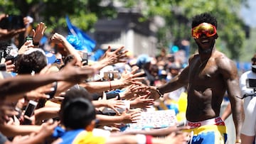  Jun 12, 2018; Oakland, CA, USA; Golden State Warriors center Jordan Bell (2) celebrates with fans during the championship parade in downtown Oakland. Mandatory Credit: Kelley L Cox-USA TODAY Sports