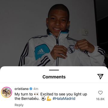 Cristiano Ronaldo comenta en la foto de Mbappé.