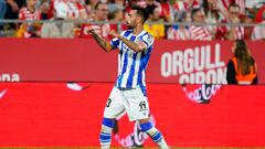 Brais Méndez celebra un gol anotado ante el Girona en Montilivi.