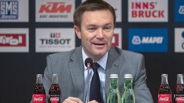 El presidente de la UCI David Lappartient, durante una rueda de prensa.