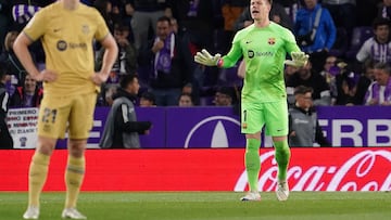 Barcelona's German goalkeeper Marc-Andre ter Stegen gestures during the Spanish league football match between Real Valladolid FC and FC Barcelona at the Jose Zorilla stadium in Valladolid on May 23, 2023. (Photo by CESAR MANSO / AFP)