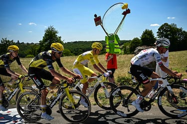 El pelotón pasa junto a un espectador a lo largo del recorrido de la carrera con una red improvisada para atrapar los bidones de los ciclistas durante la sexta etapa de la 112.ª edición del Tour de Francia,  entre Bayeux y Vire Normandie.